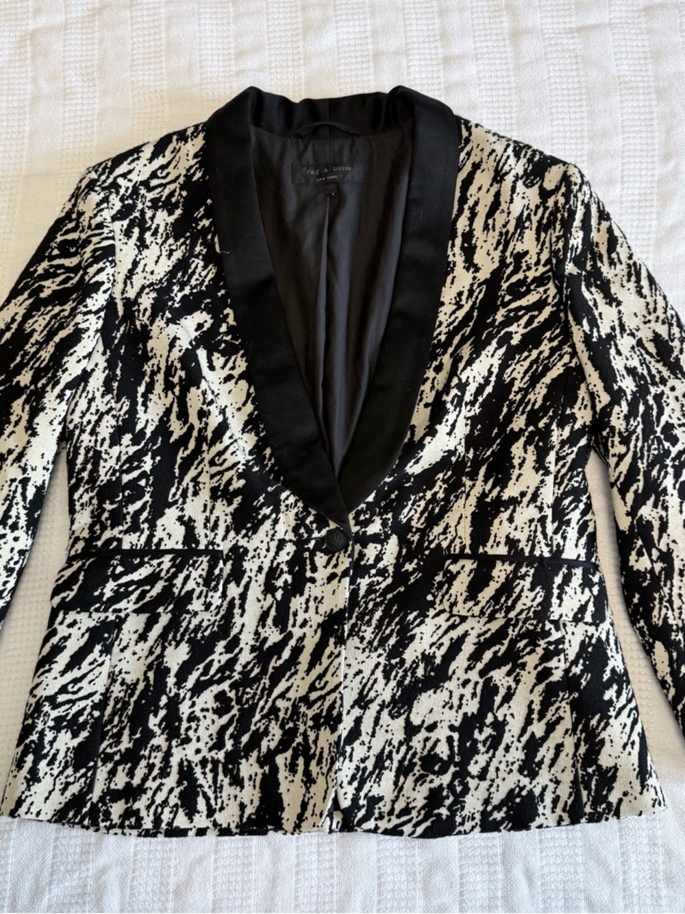 rag & bone Black/White Women's Jacquard Zebra Animal Print Blazer Satin Lapel 10